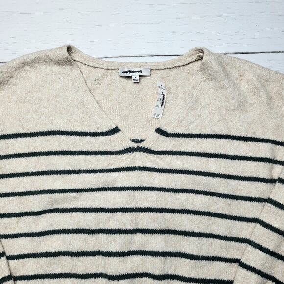 Madewell Wedged V Neck Sweater Luxury Forest Stripe Beige Green Cotton Medium - Picture 5 of 9